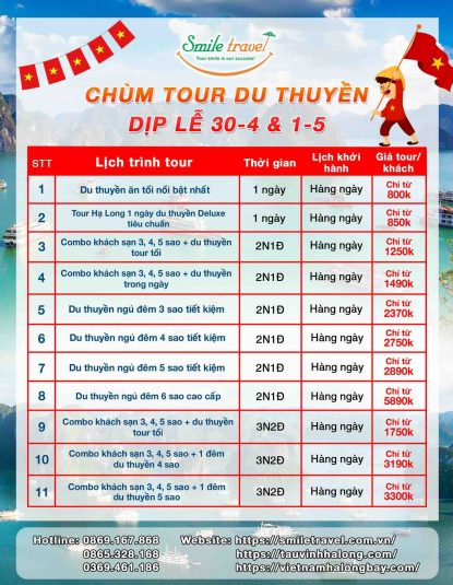 tour du thuyền hạ long 30/4-1/5 giá rẻ